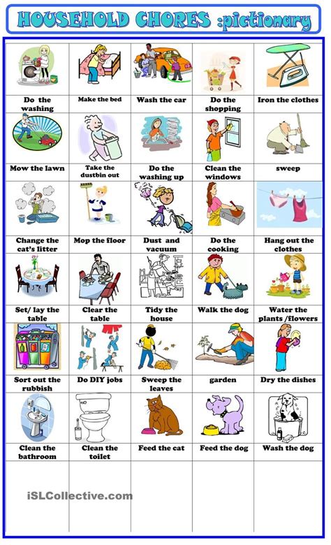 Household Chores Pictionary English Vocabulary Vocabulary English
