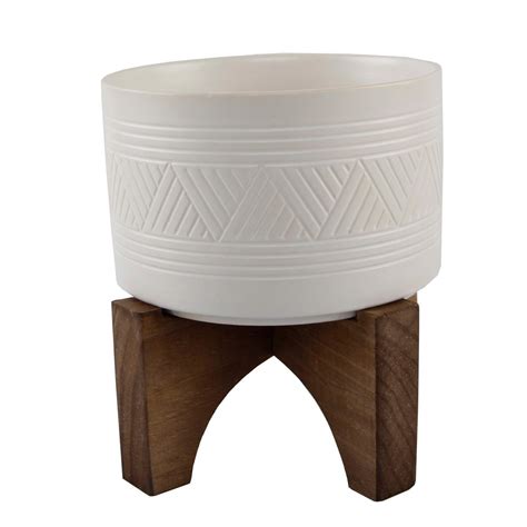 You'll receive email and feed alerts when new items arrive. 7 in. Matte White Mountain Ceramic Pot on Wood Stand Mid ...