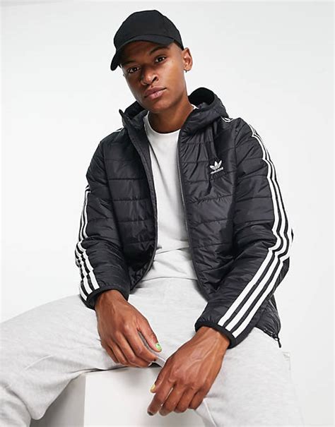Adidas Originals Adicolor 3 Stripe Hooded Puffer Jacket In Black Asos