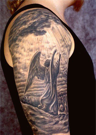 Wings are mostly inked on your back or on the sleeves. Grey Ink 3D Angel Tattoo On Man Right Half Sleeve | Angel ...