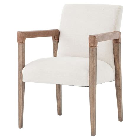 Jolie Modern French Country White Linen Leather Oak Dining Arm Chair