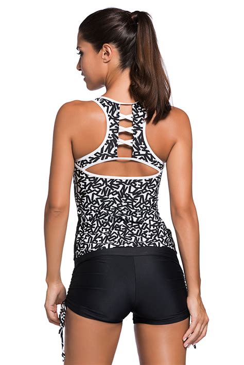 Sexy Active Monochrome Racerback Tankini And Swim Shorts Sexy Affordable Clothing