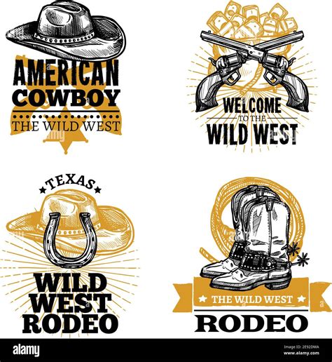 Set Of Cowboy Colored Isolated Retro Emblems In Wild West Style Vector