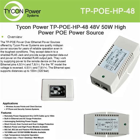 Tycon Power Tp Poe Hp 48 56v 50w High Power Passive Poe Inserter