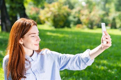 Young Redhead Woman Taking Selfie Photo Stock Image Image Of Pretty Portrait 171642597