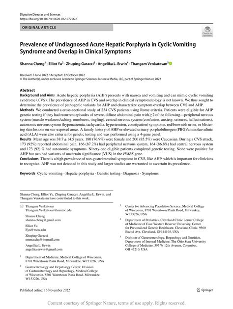Prevalence Of Undiagnosed Acute Hepatic Porphyria In Cyclic Vomiting
