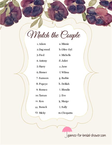 Free Printable Match The Famous Couple Game