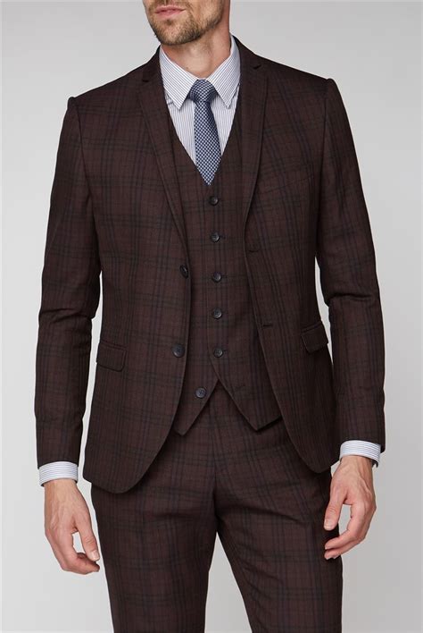 Jeff Banks Burgundy Check Super Slim Fit Suit Suit Direct