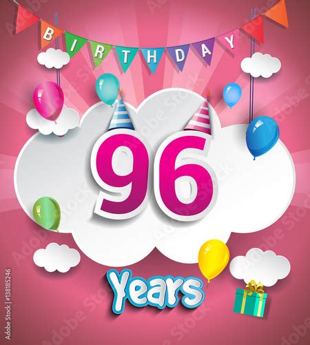 96 Years Birthday Celebration Design With Clouds And Balloons