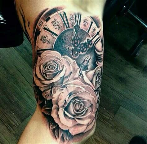 Awesome Clock And Roses Tattoo Tatoeage Klok Klok Tatoeages