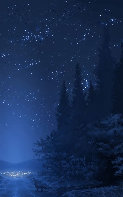 Download 1200x1920 Anime Landscape Forest Night Stars Wolf