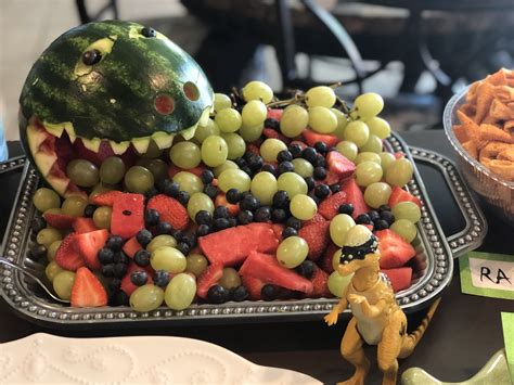 Dinosaur Fruit Tray Party Treats Food Set Up Fruit Tray