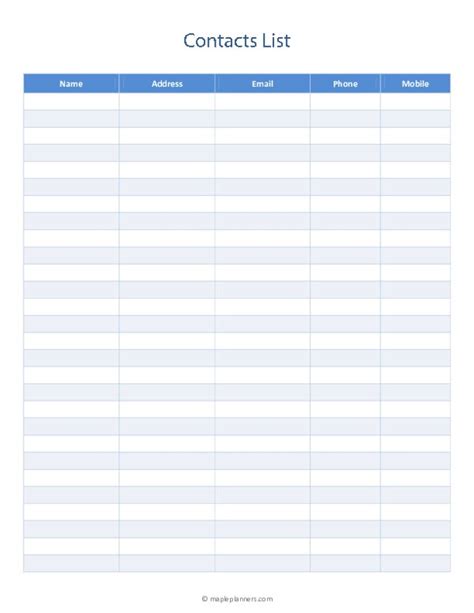 Free Printable Contact List Template