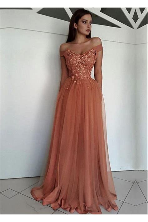 Elegant Off The Shoulder Beaded Lace Tulle Long Prom Dresses Formal