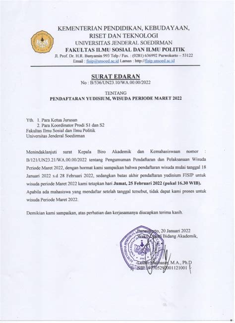 Surat Edaran Pendaftaran Yudisium Wisuda Periode Maret 2022 Fakultas