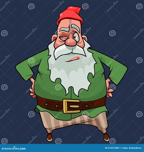 A Puzzled Cartoon Bearded Gnome In A Red Cap Stands Akimbo Stock Vector