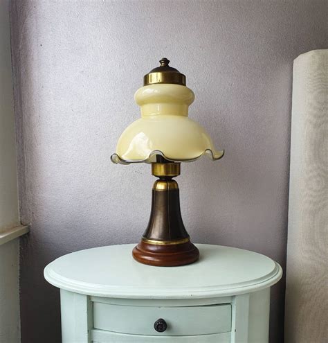 Years 70 Table Lamp Wood Copper And Glass Shade In 2020 Lamp
