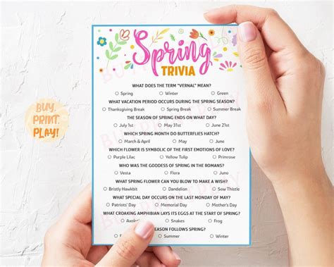 Spring Trivia Game Printable Spring Activity For Adults Etsy