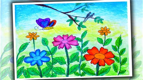 How To Draw Flower Garden Scenery Spring Season Drawing Easy Youtube