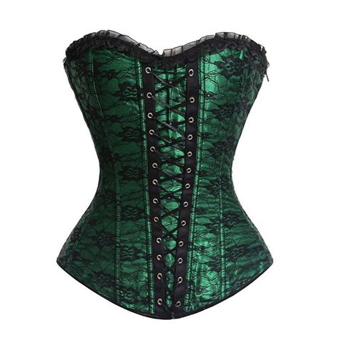 Green Satin And Black Floral Lace Gothic Clothing Espartilhos Corset Corselet Overbust Corsets And