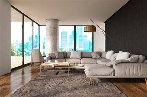Modern Luxury Living Room With City View Stock Photo
