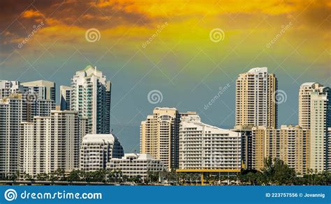 Sunset Over Miami Florida Beautiful Skyline And Skyscrapers Editorial