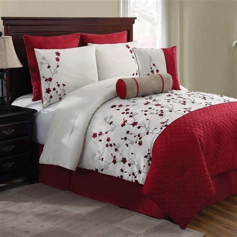 New Bed Bag Queen King 5 Pc Red White Floral Comforter Pillows Set
