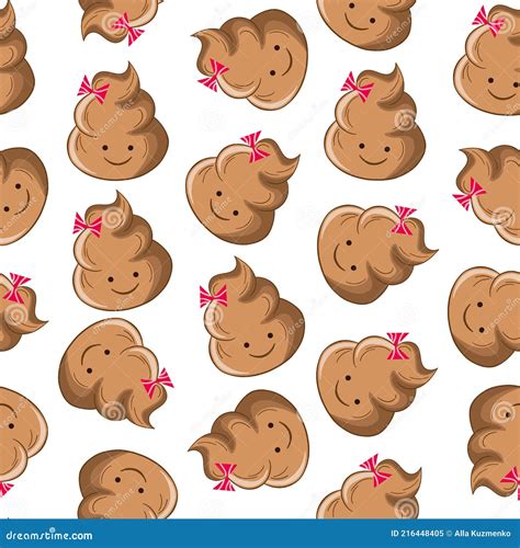 Seamless Pattern With Kawaii Poop On White Background Cartoon Poo