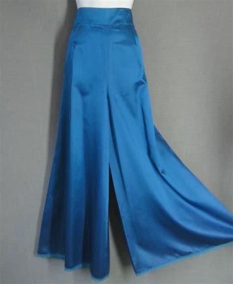 70s 80s Palazzo Pants Vintage High Waist Wide Leg Blue Satin