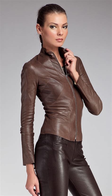Lovely Ladies In Leather Brunette Model In Brown Leather