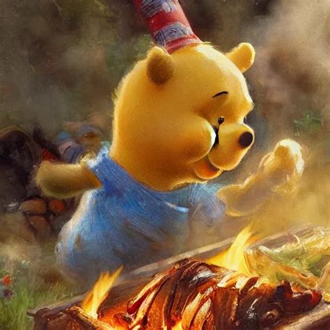 Close Up Of Winnie The Pooh Cooking A Whole Hog Roast Stable