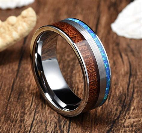 Urban Designer Mens Tungsten Carbide Wood Wedding Ring Blue Opal Inlay