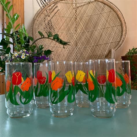 Vintage Tulip Drinking Glasses Set Of 6 Etsy