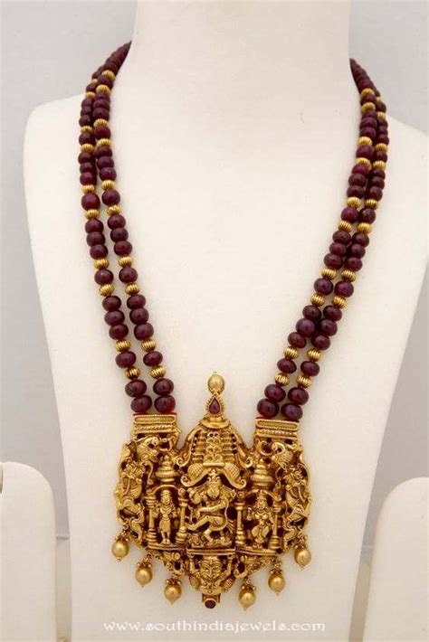 Gold Ruby Mala With Temple Pendant South India Jewels