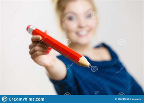 Happy Woman Holding Giving Big Pencil Stock Photo Image Of College