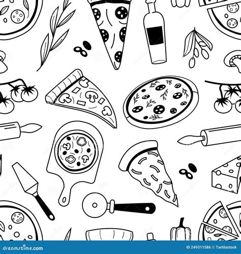 Doodle Pizza Pattern Seamless Print Of National Italian Food Sketch