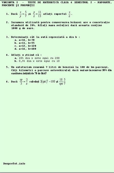 Teste Matematica Clasa 6 Semestrul 2 Rapoarte Procente Si Proportii