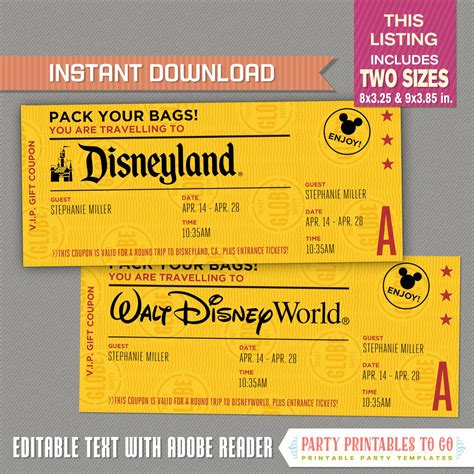 Editable Surprise Trip Ticket to Disneyland / Disneyworld | Etsy