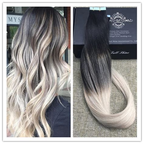 Full Shine Blonde Ombre Tape In Hair Extensions Balayage Color B Fading To Ash Blonde And