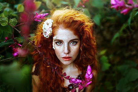 Hd Wallpaper Women Plants Flower In Hair Face Portrait Freckles