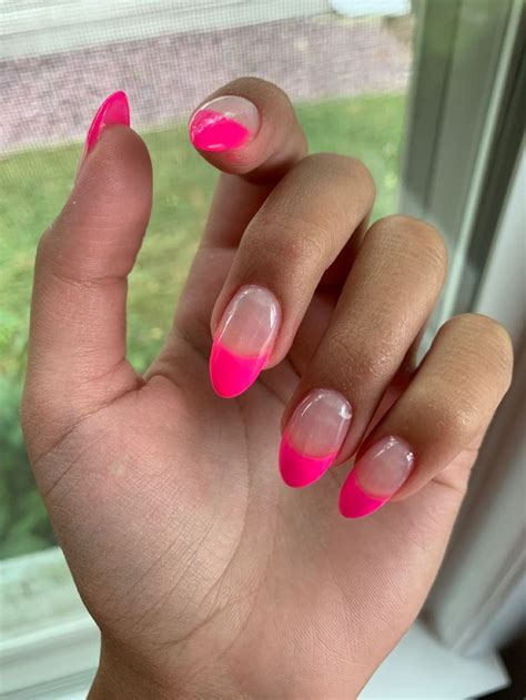 Hot Pink Tips Acrylic Rounded In 2021 Pink Acrylic Nails Coffin