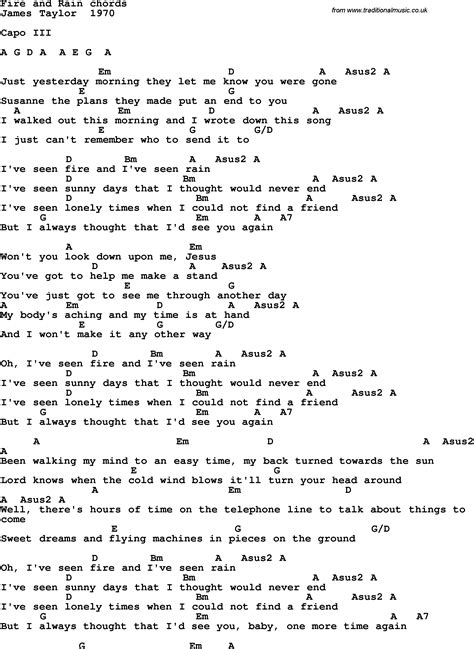 Song Lyrics With Guitar Chords For Fire And Rain Guitar Chords