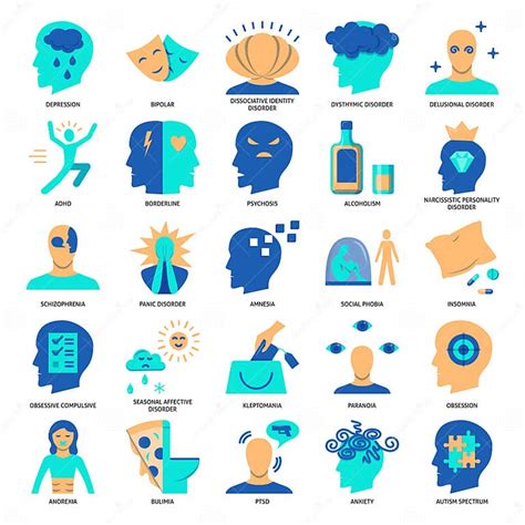 Mental Disorders Icon Set In Flat Style Stock Illustration