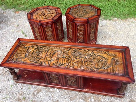Oriental chow leg coffee table with stainless steel legs. VTG Asian Hollywood Regency Hand Carved Relief Teak Wood ...