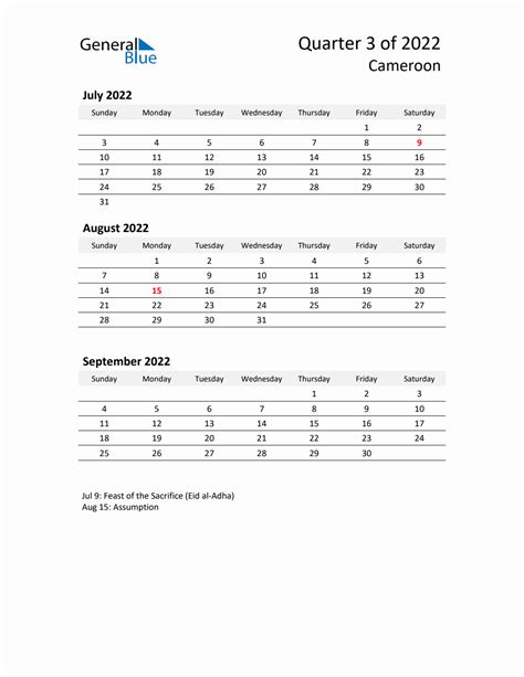 Q3 2022 Quarterly Calendar With Cameroon Holidays