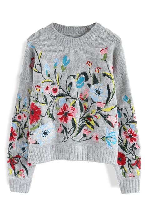 Surrounded By Flowers Embroidered Sweater In Grey New Arrivals