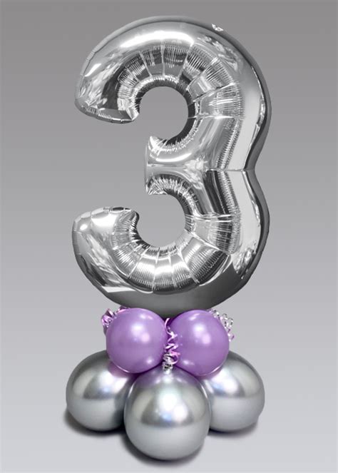 Inflated Mid Size Silver And Lilac Number 3 Balloon Centrepiece