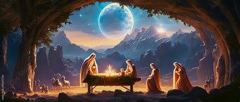 Christmas Nativity Scene Of Born Child Baby Jesus Christ In The Manger