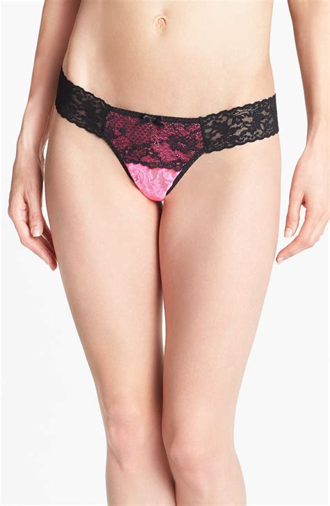 Hanky Panky Cyndi Low Rise Lace Thong In Pink Glo Pink Black Lyst