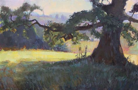 An Oil Painting Of A Large Tree In The Middle Of A Field With Grass And